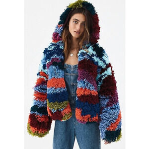Free People Paint By Numbers Coat Fuzzy-Fringe Hooded Multicolor Women’s L NWT